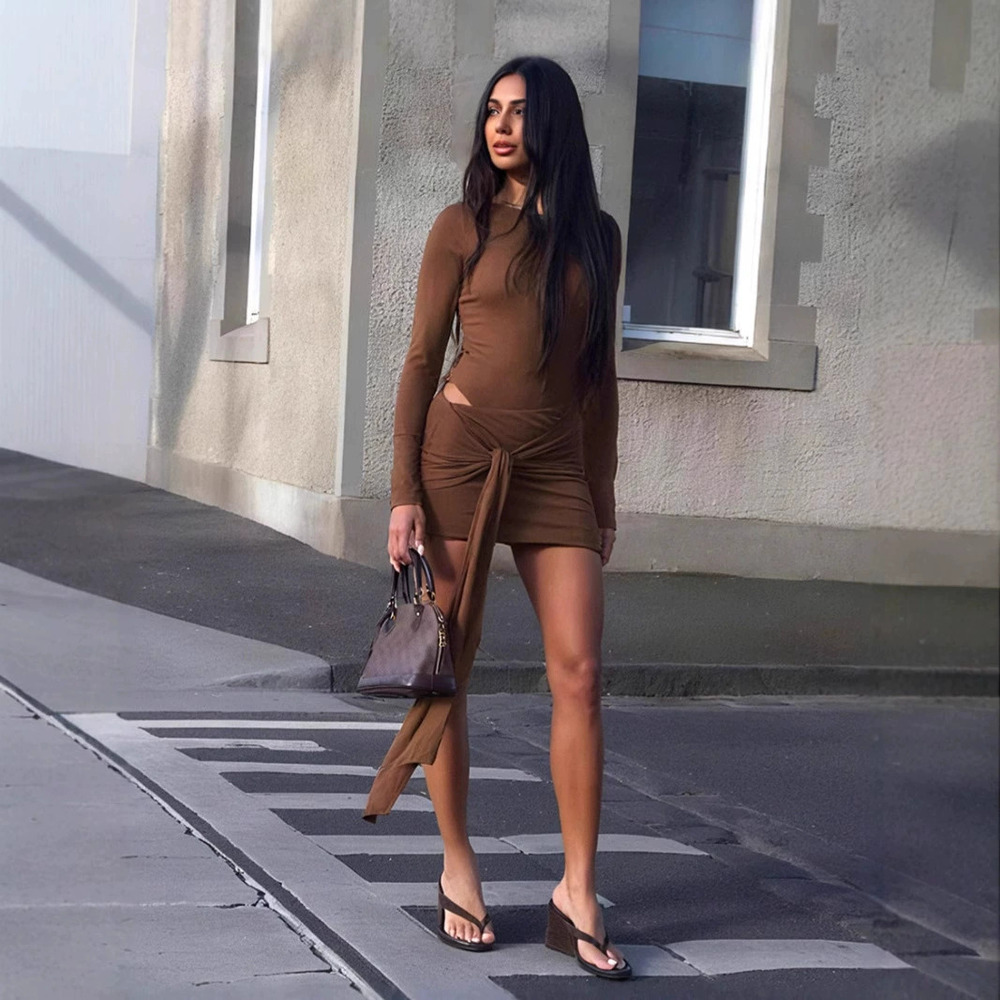 Zara Fall Solid Slim Round Neck Long Sleeve Tie Bodycon Dress